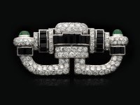 Art Deco onyx, diamond emerald brooch berganza hatton garden