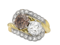 Vintage fancy coloured diamond crossover ring, circa 1950. Hatton Garden