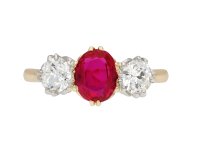 Edwardian Burmese ruby and diamond three stone ring, circa 1910. Hatton Garden