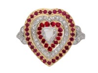 front view Antique diamond and ruby heart shape cluster ring, circa 1900.