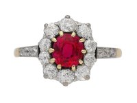 front view Antique Burmese ruby and diamond coronet cluster ring, circa 1905. berganza hatton garden 