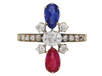 front view Art Nouveau ruby ,sapphire and diamond ring French circa 1895 berganza hatton garden 