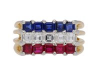 front view Ruby, sapphire and diamond ring by Cartier, circa 1976. berganza hatton garden