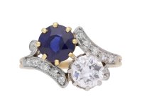 Antique sapphire and diamond crossover ring, English, circa 1905.  Hatton Garden