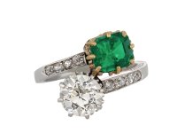 Colombian Emerald and Diamond Crossover Ring hatton garden