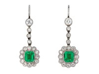 Colombian emerald diamond drop earrings, circa 1915 hatton garden