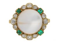 Moonstone diamond and emerald coronet cluster ring, circa 1890. berganza hatton garden