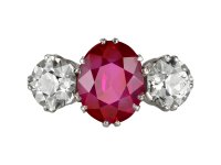 Burmese ruby and diamond three stone ring, circa 1915.
