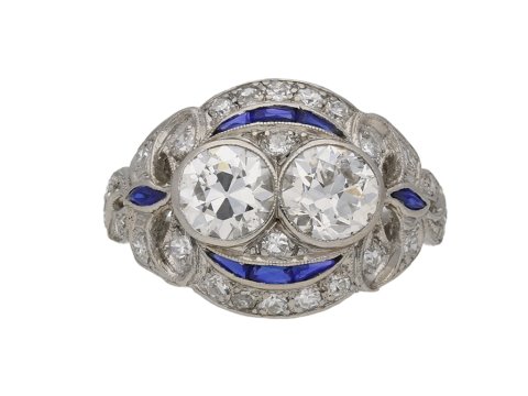Two stone diamond sapphire cluster ring berganza hatton garden