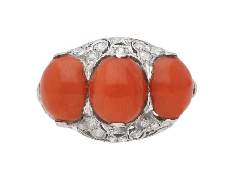 Coral and diamond cluster ring berganza hatton garden
