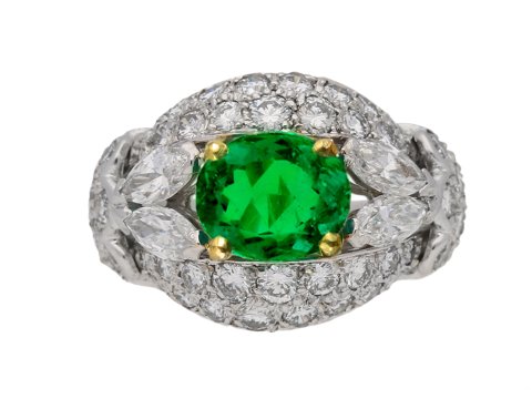 front view Emerald and diamond cluster ring by Cartier Paris,circa 1970 hatton garden berganza