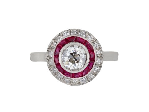 Antique diamond and ruby target ring, French, circa 1905.