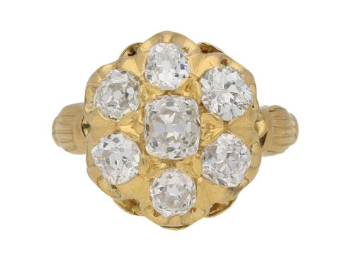 front view Antique diamond cluster ring by Birks of Canada, circa 1890. berganza hatton garden