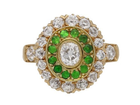 front view Antique diamond and demantoid garnet cluster ring, circa 1900. hatton garden berganza