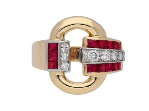 front view Vintage Tiffany ruby diamond ring berganza hatton garden