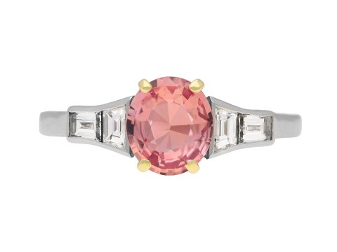 padparadscha ceylon sapphire and diamond ring. hatton garden.