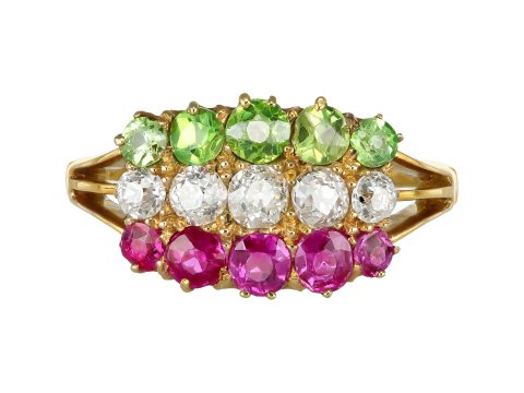Antique ruby, diamond and demantoid garnet ring, circa 1900. Hatton Garden