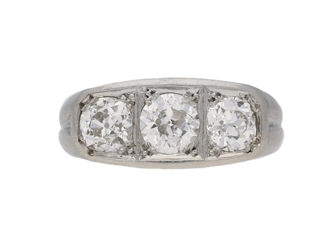 front view antique diamond three stone ring hatton garden