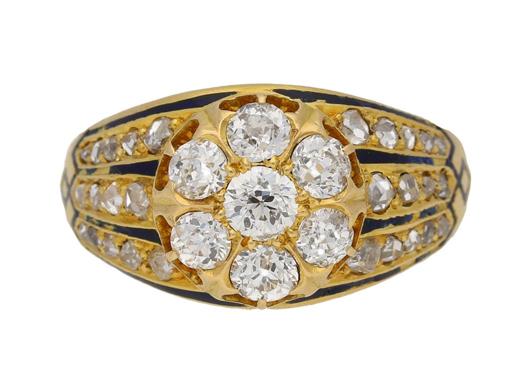 front view diamond enamel cluster ring. berganza hatton garden