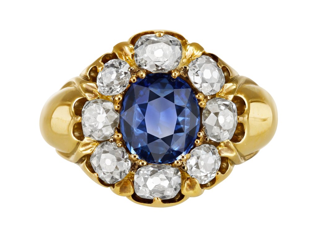 Ceylon sapphire and diamond coronet cluster ring, Russian, circa 1890.