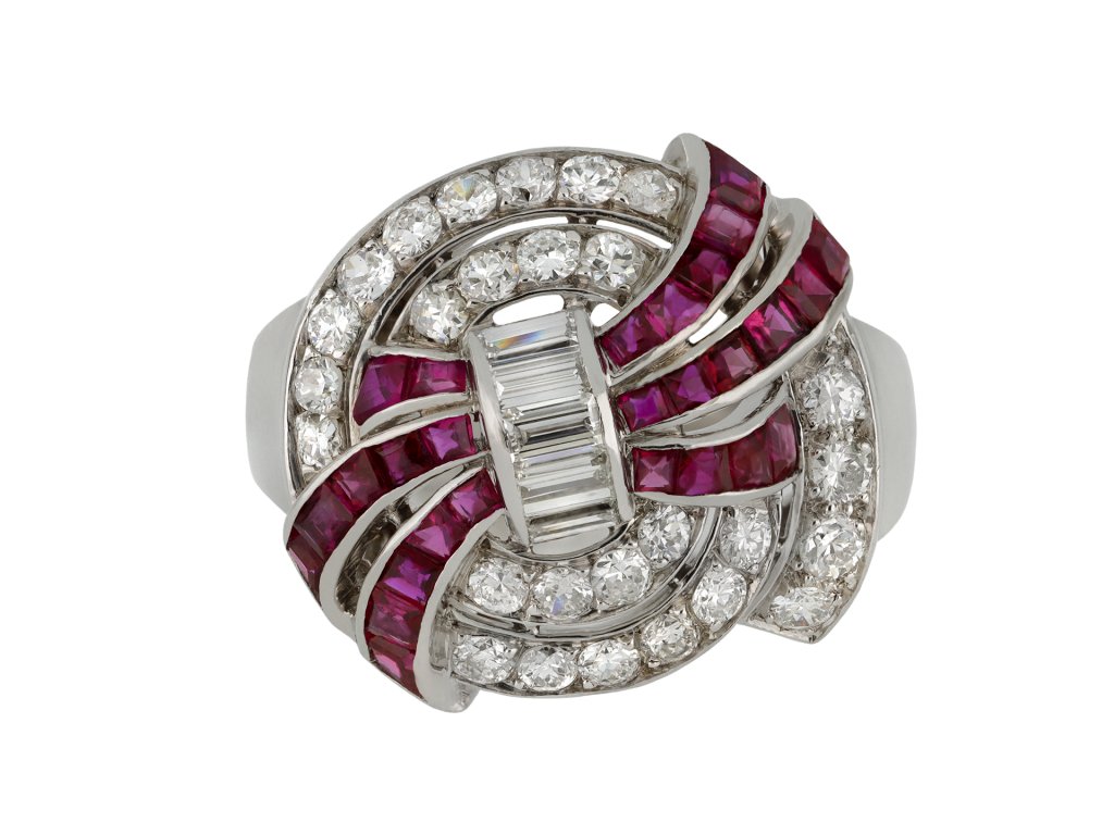 Art Deco diamond and ruby cluster ring, circa 1935.