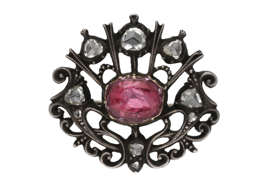 Stuart pink topaz and diamond brooch berganza hatton garden