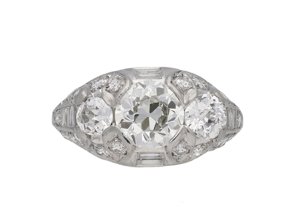 Ornate three stone diamond cluster ring berganza hatton garden