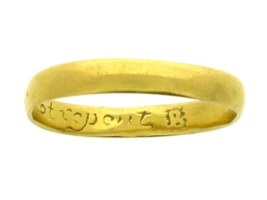Gold posy ring, 'Hearts content cannot repent', 17th century.