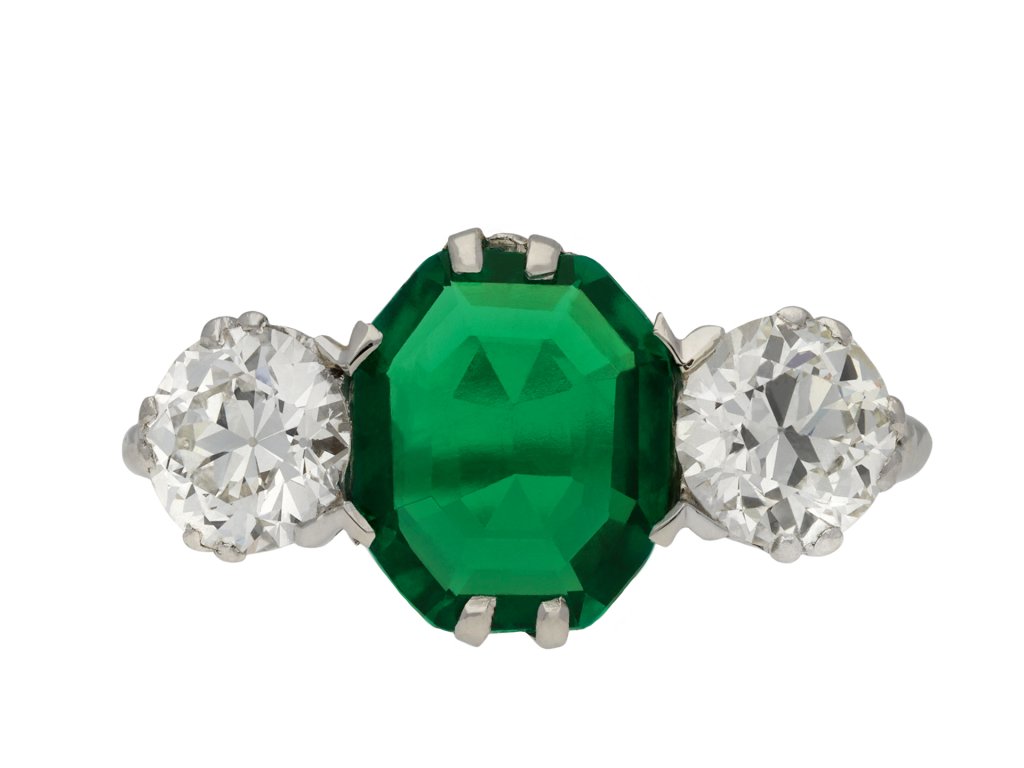 Edwardian old mine emerald diamond three stone ring hatton garden