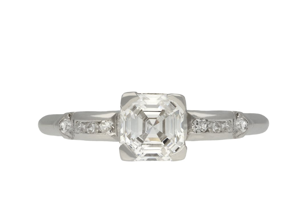 Asscher cut diamond flanked solitaire ring hatton garden