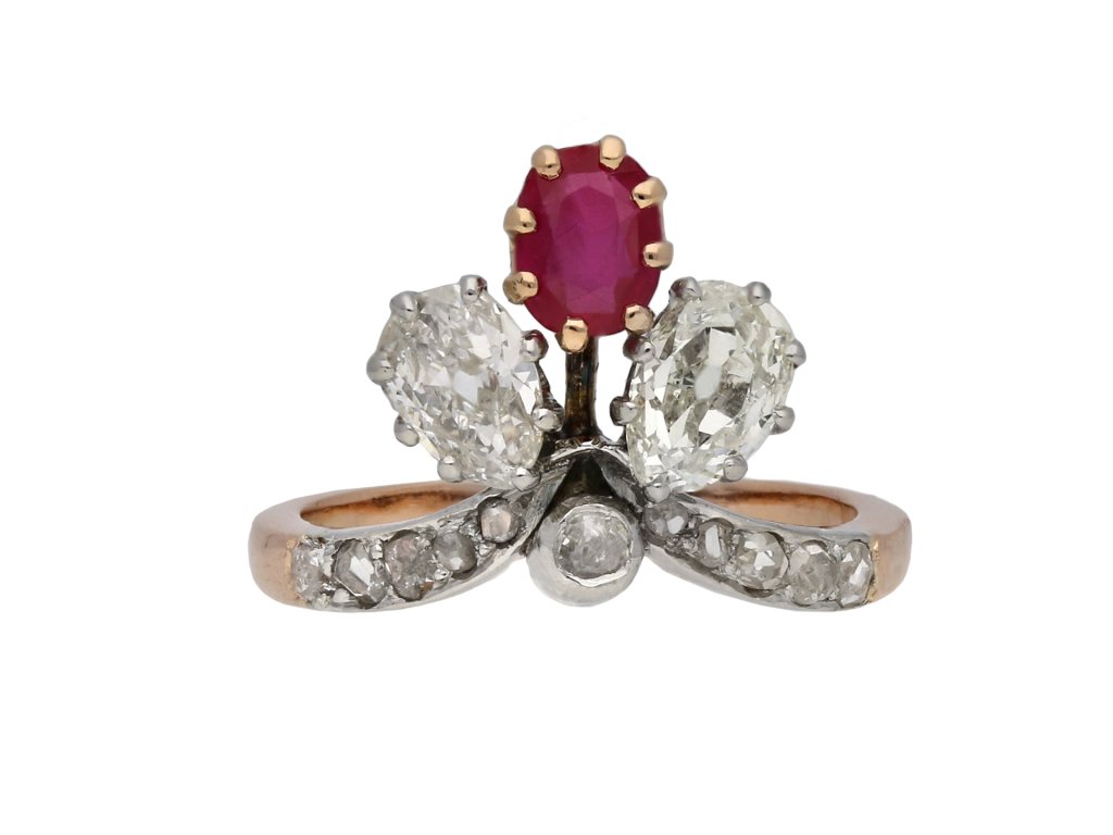 Art Nouveau ruby and diamond trefoil ring hatton garden berganza