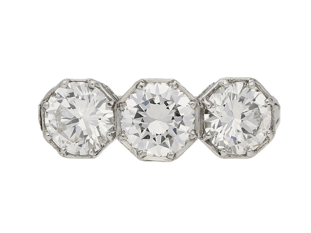 front view antique Marcus Co three diamond ring berganza hatton garden