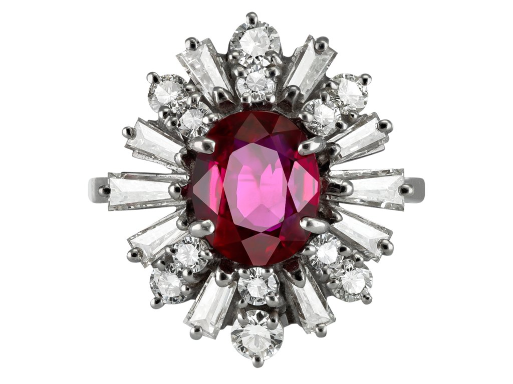 Vintage ruby and diamond cluster ring, circa 1970. 