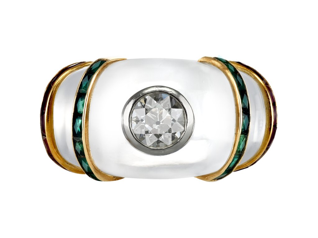 Rene Boivin vintage diamond, emerald and ruby ring in rock crystal, French, circa 1950.