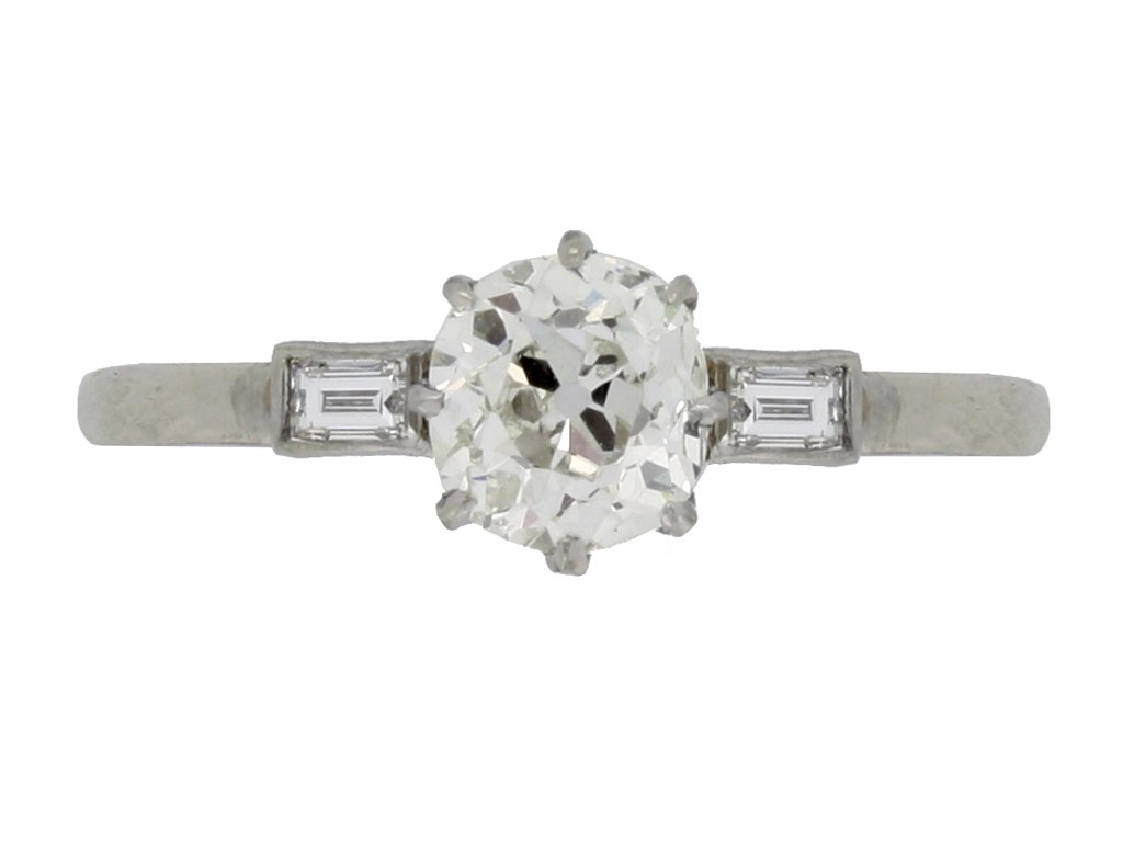 front view Solitaire old mine diamond ring with baguette shoulders