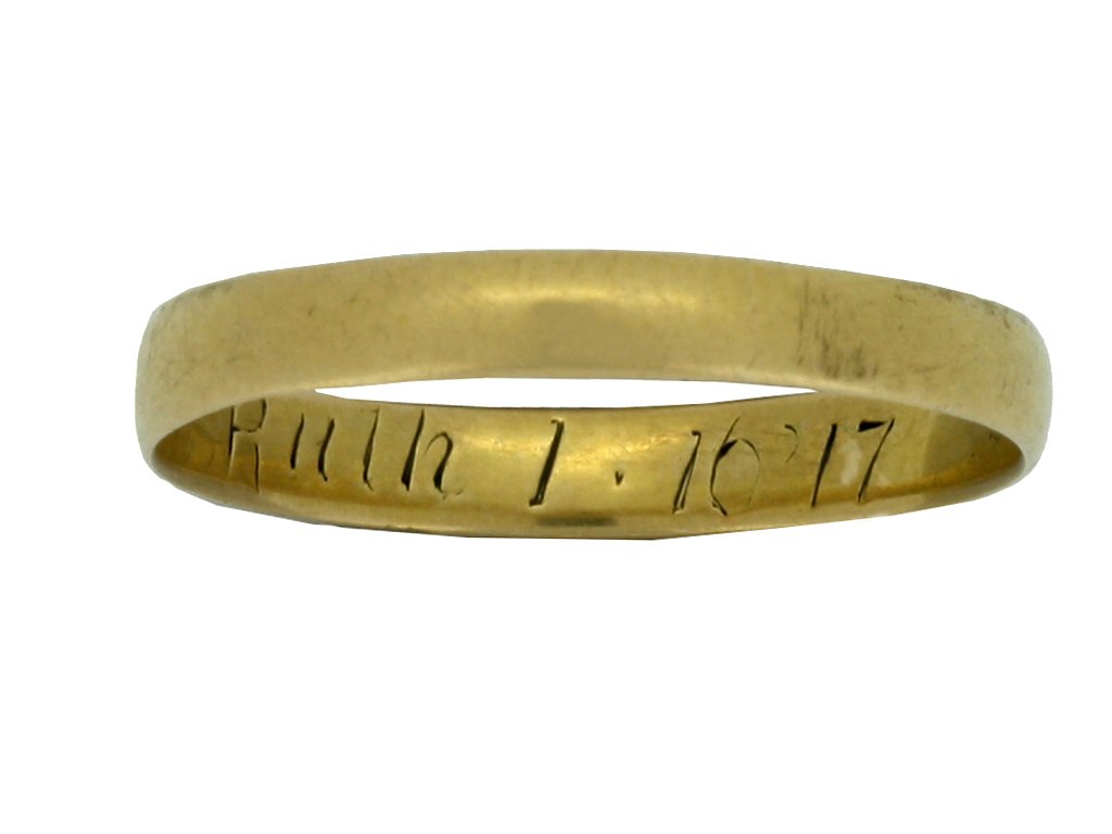 front view Gold posy ring, 'Ruth 1.16' 17', English, circa 18th   19th century.