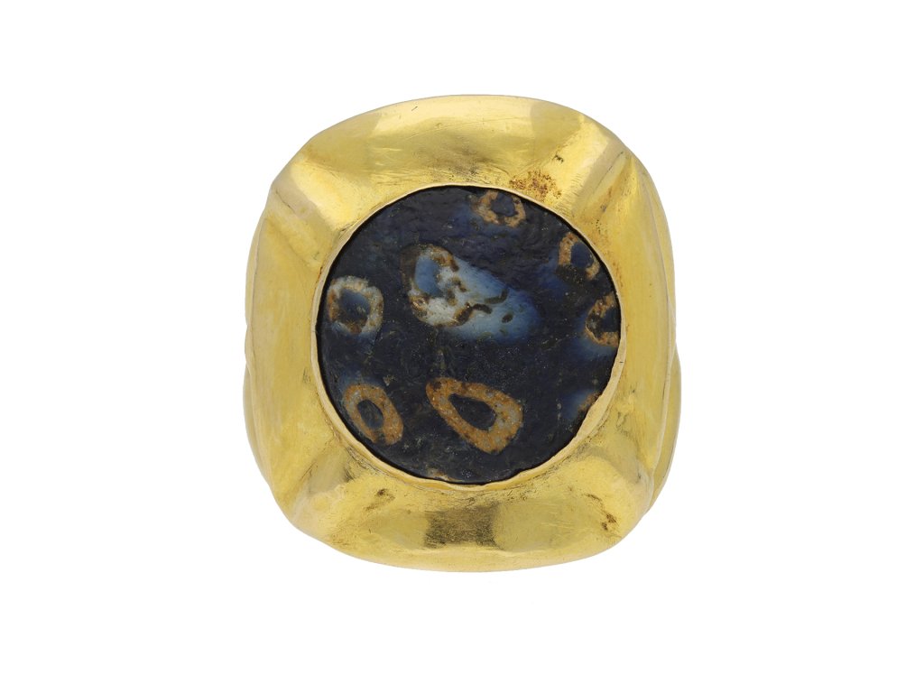  Early gold ring set with ancient mosaic glass hatton garden