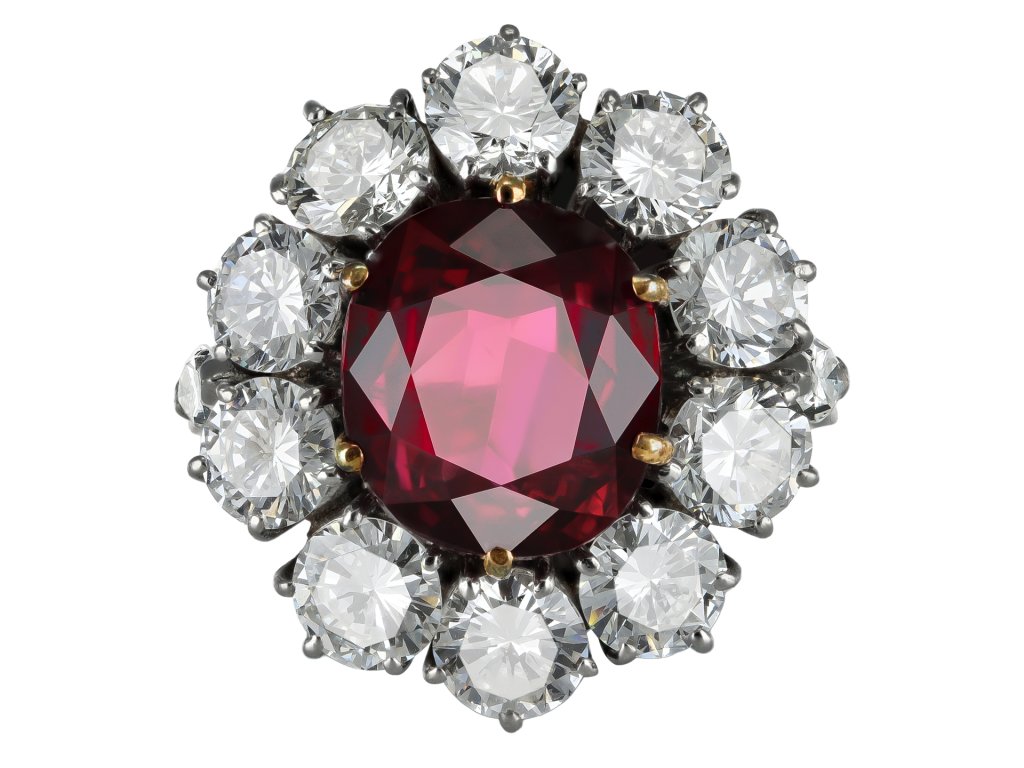 Vintage ruby and diamond coronet cluster ring, circa 1960.