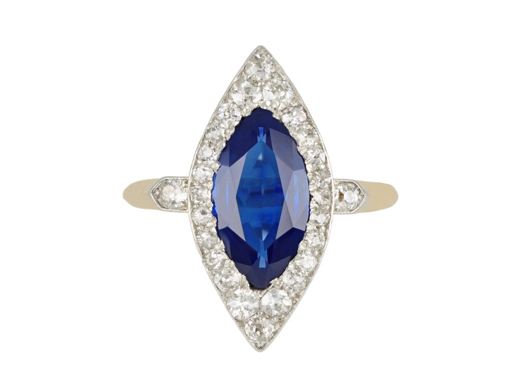 Edwardian sapphire and diamond coronet cluster ring, circa 1910.