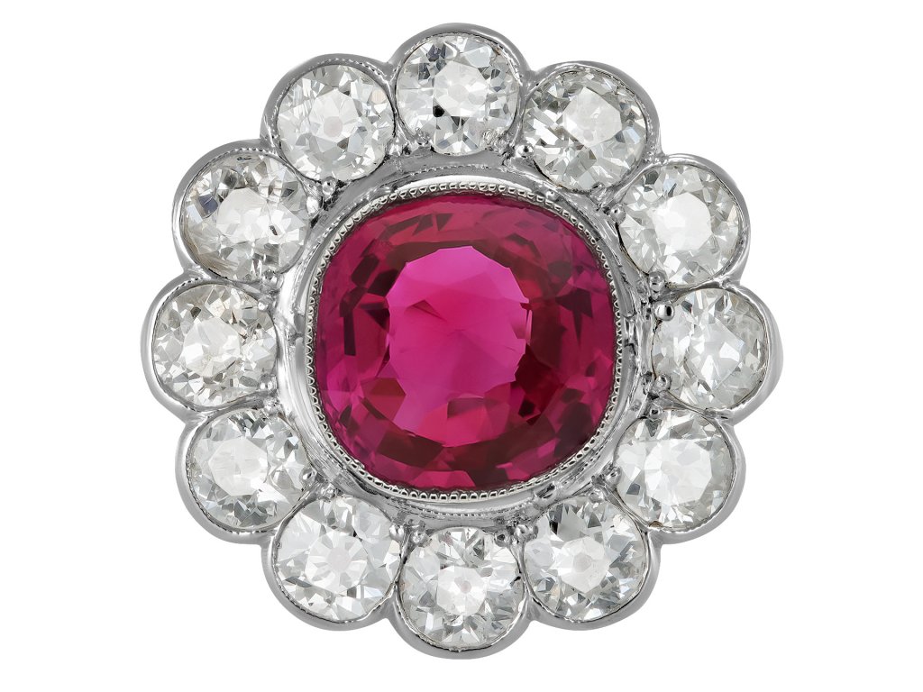 Burmese ruby and diamond coronet cluster ring, circa 1910.