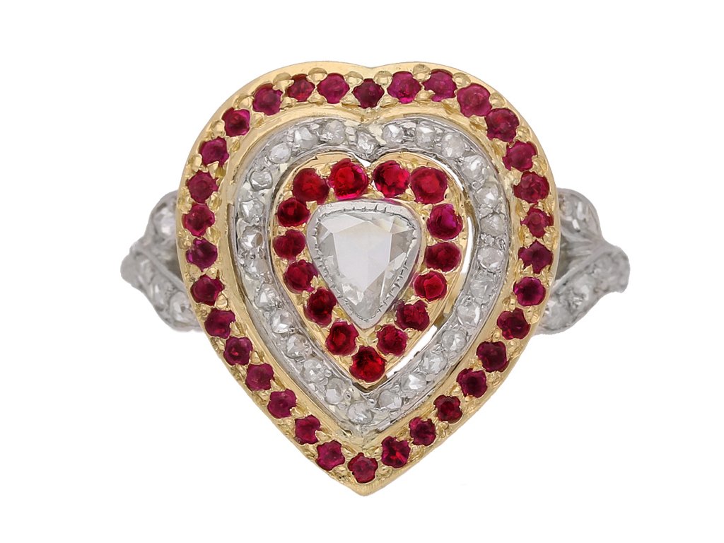 front view Antique diamond and ruby heart shape cluster ring, circa 1900.