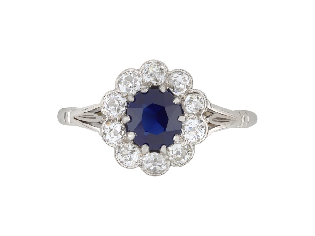 Antique sapphire and diamond coronet cluster ring, circa 1910.    