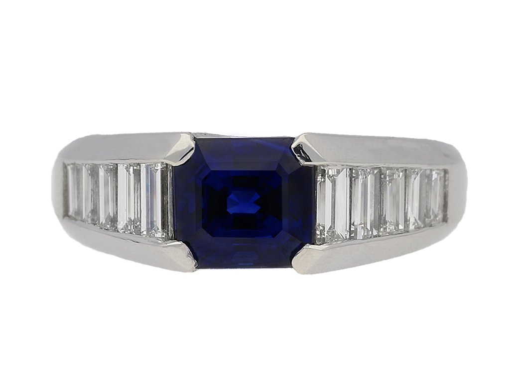 front view Sapphire and diamond ring, circa 1975. berganza hatton garden