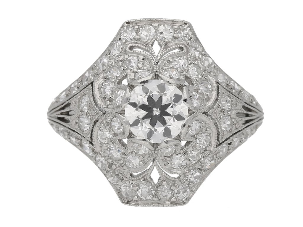 front view Ornate diamond cluster ring, circa 1920. berganza hatton garden