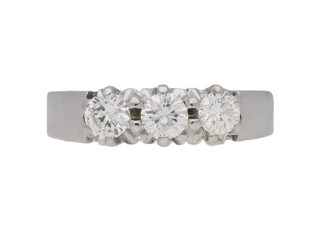 front view Three stone diamond engagement ring by Graff, circa 1975. berganza hatton garden