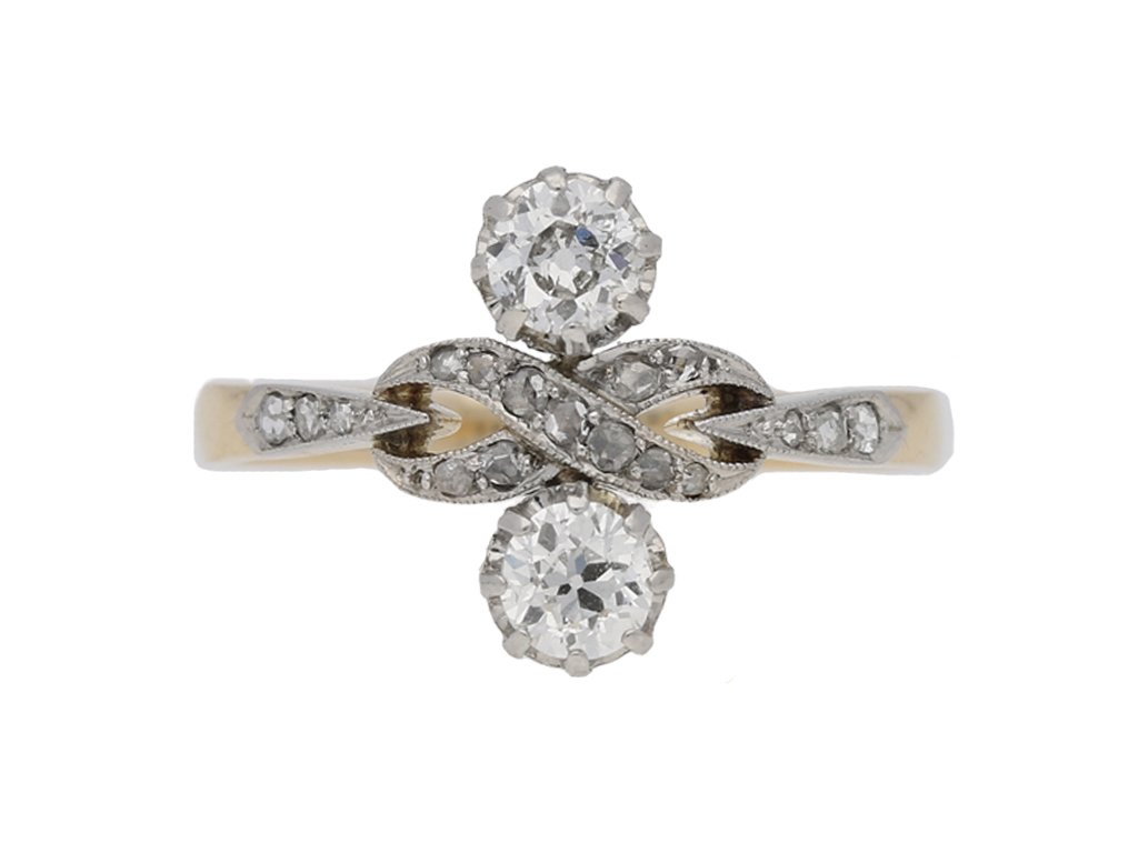front view Ornate two stone diamond ring, circa 1905. berganza hatton garden