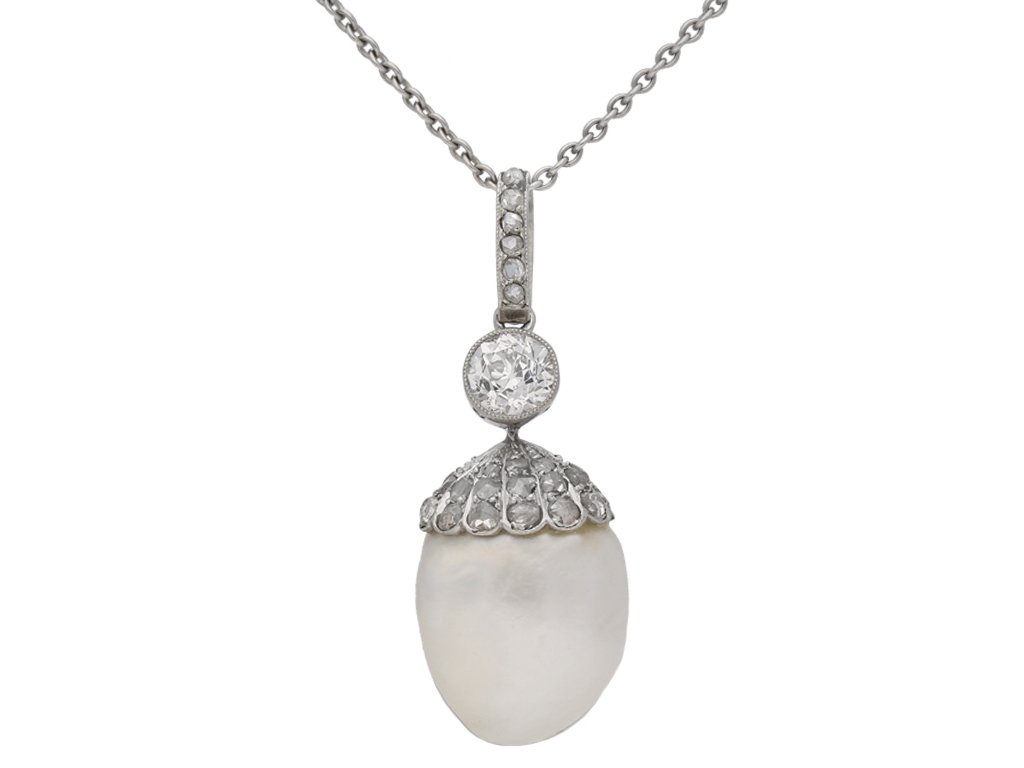 Antique natural pearl and diamond pendant, circa 1905. berganza hatton garden