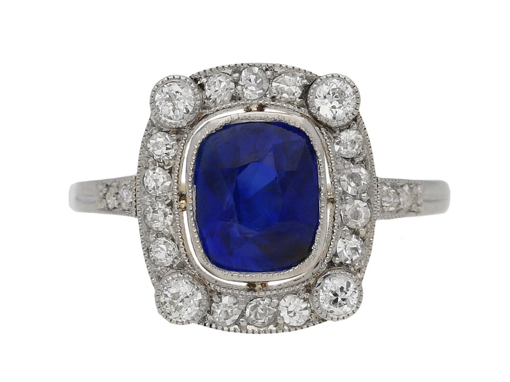 front view Burmese sapphire and diamond cluster ring, circa 1905. berganza hatton garden
