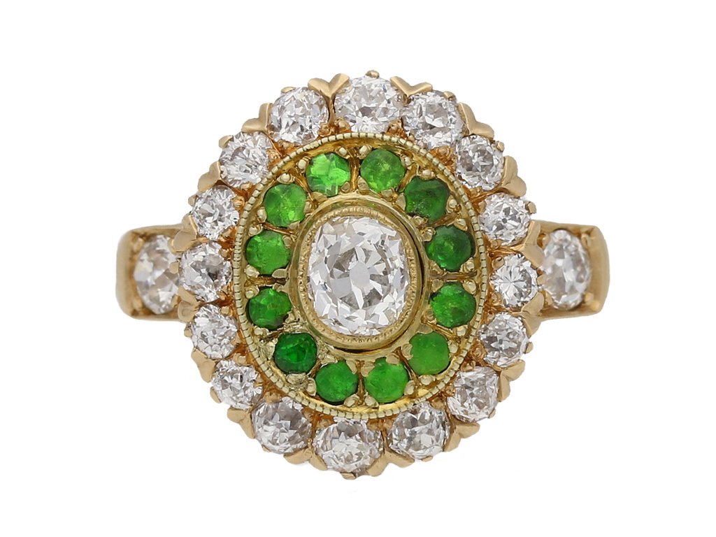 front view Antique diamond and demantoid garnet cluster ring, circa 1900. hatton garden berganza