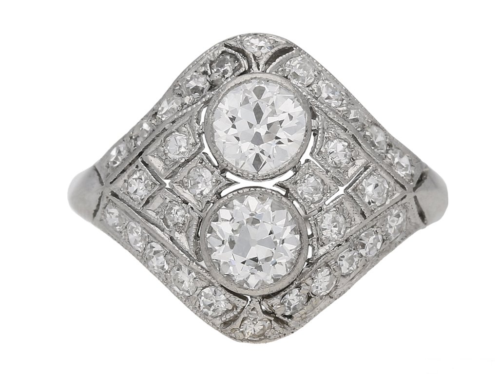front view Two stone diamond cluster ring, circa 1920. berganza hatton garden 